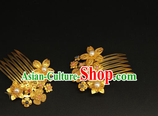 China Ancient Ming Dynasty Golden Hairpin Handmade Hair Accessories Traditional Hanfu Pearl Hair Combs