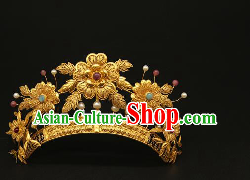 China Handmade Tang Dynasty Hair Accessories Traditional Court Golden Hair Crown Ancient Empress Hairpin