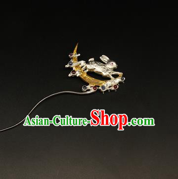 China Ancient Empress Hairpin Handmade Tang Dynasty Hair Accessories Traditional Court Silver Rabbit Moon Hair Stick