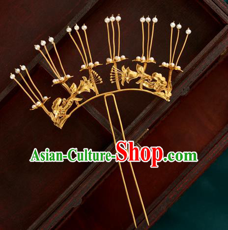 China Handmade Pearls Hair Clip Ancient Imperial Consort Golden Hairpin Traditional Ming Dynasty Hair Accessories