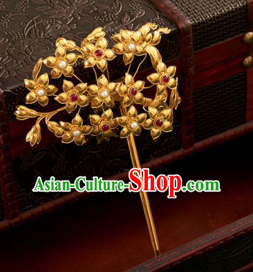 China Ancient Imperial Empress Hairpin Traditional Ming Dynasty Hair Accessories Handmade Golden Flowers Hair Clip