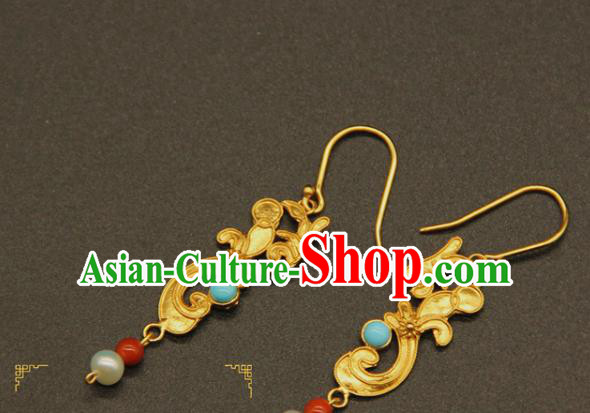 Handmade Chinese Ming Dynasty Hanfu Jewelry Accessories Traditional Ancient Imperial Consort Golden Earrings