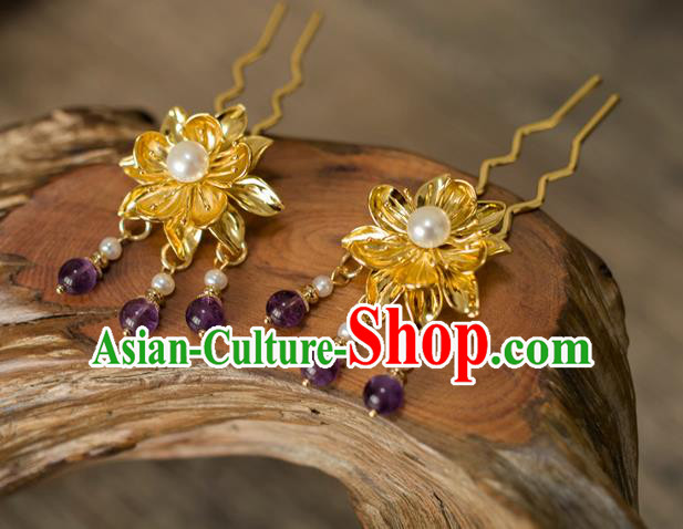China Tang Dynasty Lotus Hair Stick Traditional Ancient Empress Golden Hairpin Hair Accessories