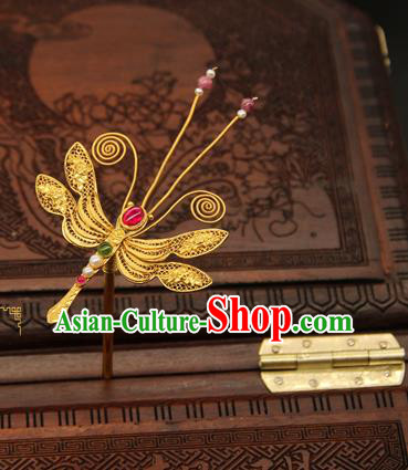 China Handmade Hair Stick Traditional Ming Dynasty Palace Hair Accessories Ancient Empress Golden Dragonfly Hairpin