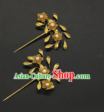 China Ancient Ming Dynasty Court Hair Accessories Traditional Handmade Golden Flowers Hairpin