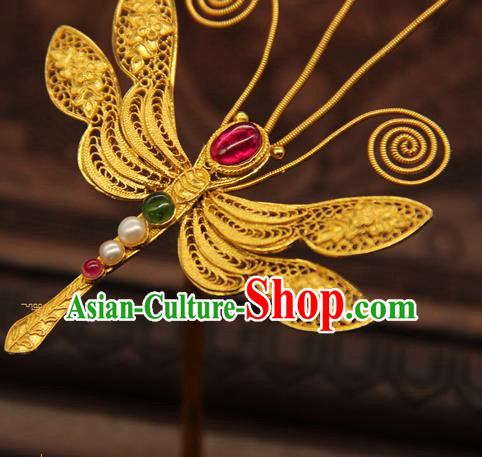 China Handmade Hair Stick Traditional Ming Dynasty Palace Hair Accessories Ancient Empress Golden Dragonfly Hairpin