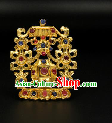 China Golden Hair Crown Ancient Ming Dynasty Court Hair Accessories Traditional Handmade Gems Hairpin