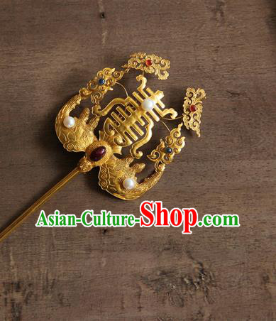 China Handmade Golden Bat Hair Stick Ancient Empress Hairpin Traditional Ming Dynasty Palace Hair Accessories