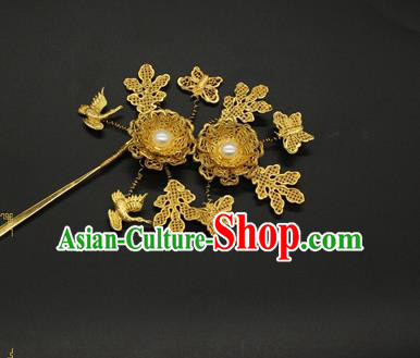 China Ancient Song Dynasty Golden Hair Stick Court Hair Accessories Traditional Handmade Butterfly Flowers Hairpin
