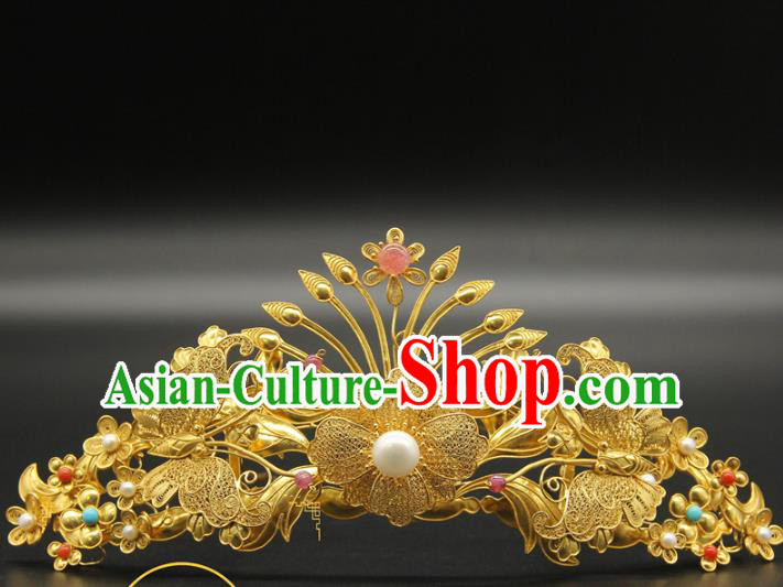 China Ancient Court Hair Accessories Traditional Handmade Hairpin Ming Dynasty Golden Hair Crown