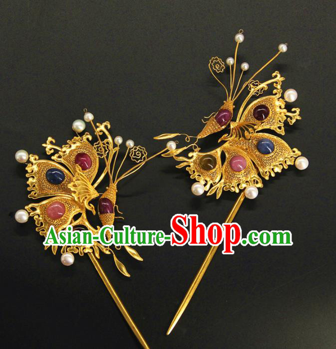 China Traditional Handmade Gems Butterfly Hairpin Ancient Court Hair Accessories Ming Dynasty Golden Hair Stick