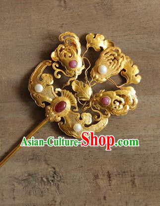 China Ancient Empress Gems Hairpin Traditional Ming Dynasty Palace Hair Accessories Handmade Golden Bat Hair Stick