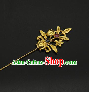 China Traditional Handmade Gems Hairpin Ancient Court Hair Accessories Ming Dynasty Golden Hair Stick