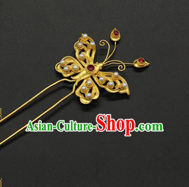 China Ming Dynasty Pearls Hair Stick Ancient Court Hair Accessories Traditional Handmade Golden Butterfly Hairpin