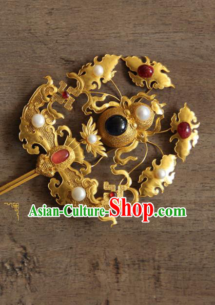 China Ancient Palace Empress Pearls Hairpin Traditional Ming Dynasty Gems Hair Accessories Handmade Golden Gourd Hair Stick