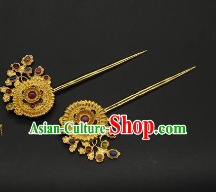 China Traditional Ming Dynasty Gems Hair Stick Handmade Golden Hairpin Ancient Court Empress Hair Accessories