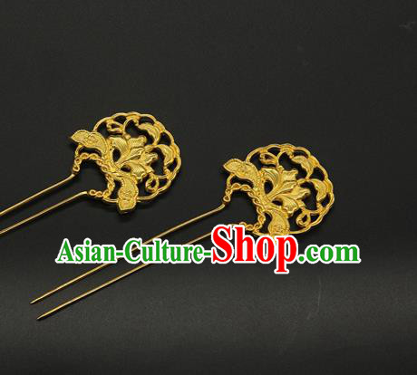 China Traditional Ming Dynasty Golden Hair Stick Ancient Court Empress Hair Accessories Handmade Hairpin