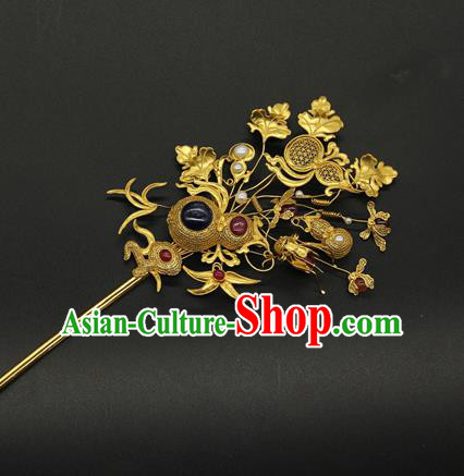 China Traditional Qing Dynasty Golden Gourd Hair Stick Ancient Court Empress Gems Hair Accessories Handmade Pearls Hairpin