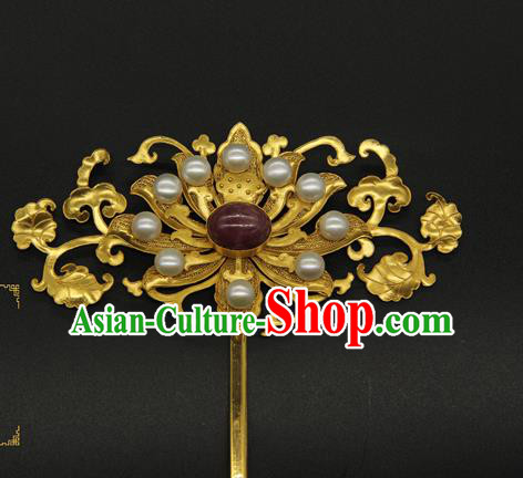 China Ancient Court Empress Hair Accessories Handmade Pearls Hairpin Traditional Qing Dynasty Golden Hair Stick