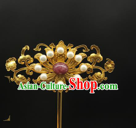 China Ancient Court Empress Hair Accessories Handmade Pearls Hairpin Traditional Qing Dynasty Golden Hair Stick