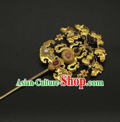 China Traditional Qing Dynasty Gems Hair Stick Ancient Court Empress Hair Accessories Handmade Golden Gourd Hairpin