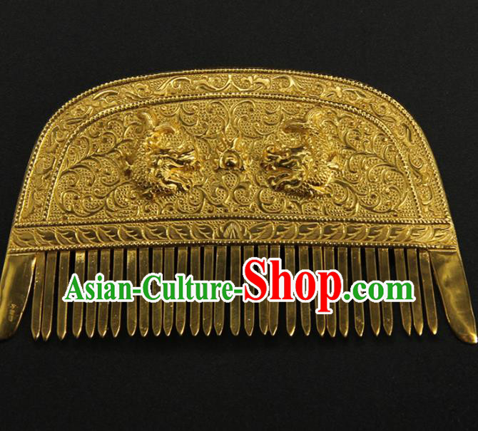 China Traditional Tang Dynasty Carving Dragon Golden Hair Comb Handmade Court Hairpin Ancient Empress Hair Accessories