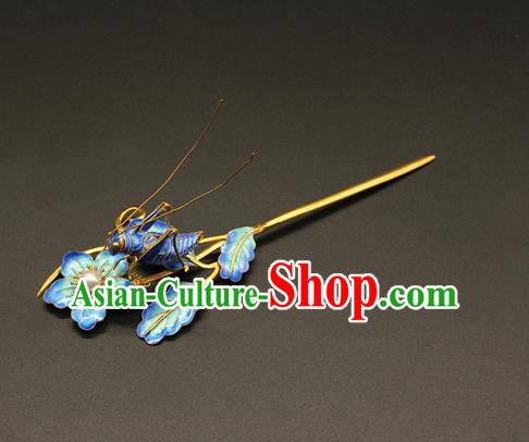 China Handmade Blueing Grasshopper Hair Clip Ancient Imperial Consort Hairpin Traditional Qing Dynasty Court Hair Accessories