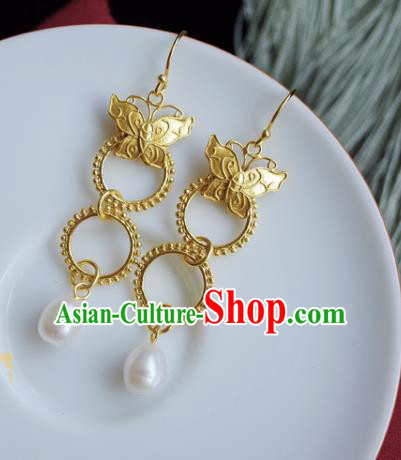 Handmade Chinese Ancient Imperial Consort Earrings Accessories Traditional Ming Dynasty Golden Butterfly Ear Jewelry