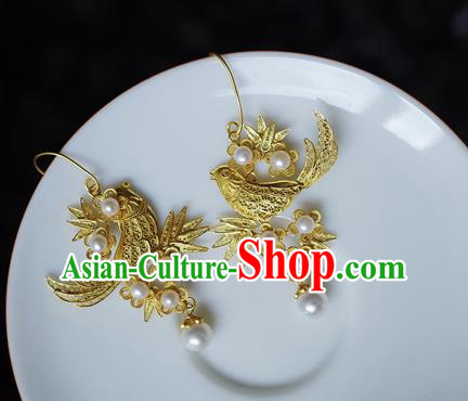 Handmade Chinese Traditional Ancient Wedding Earrings Accessories Ming Dynasty Court Golden Magpie Plum Ear Jewelry