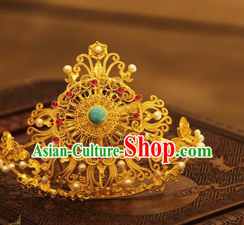 China Handmade Wedding Golden Hair Crown Ancient Queen Hairpin Traditional Ming Dynasty Hair Accessories