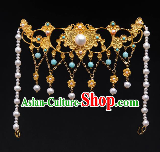 China Tang Dynasty Pearls Tassel Hair Crown Traditional Ancient Empress Hairpin Hair Accessories Headwear