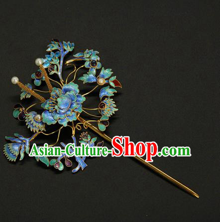 China Ancient Imperial Empress Hairpin Traditional Qing Dynasty Palace Hair Accessories Handmade Enamel Peony Hair Stick