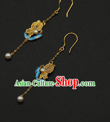 Handmade Chinese Traditional Qing Dynasty Court Ear Jewelry Ancient Imperial Consort Earrings Blueing Accessories