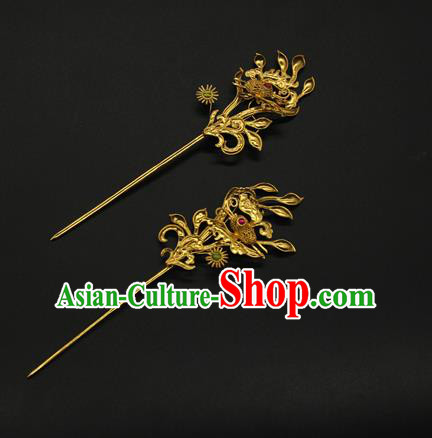 China Traditional Handmade Golden Hair Stick Ancient Court Hairpin Ming Dynasty Empress Hair Accessories