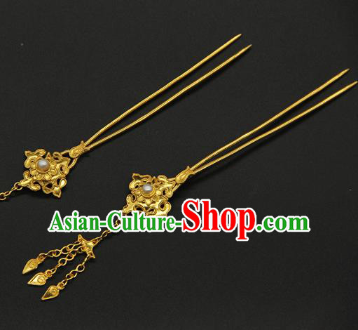 China Traditional Handmade Court Golden Hairpin Ancient Queen Hair Accessories Ming Dynasty Tassel Hair Stick