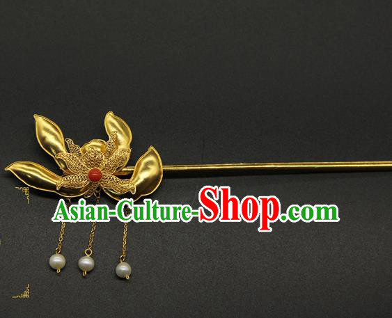 China Handmade Court Golden Lotus Hairpin Traditional Queen Tassel Hair Stick Ancient Qing Dynasty Hair Accessories