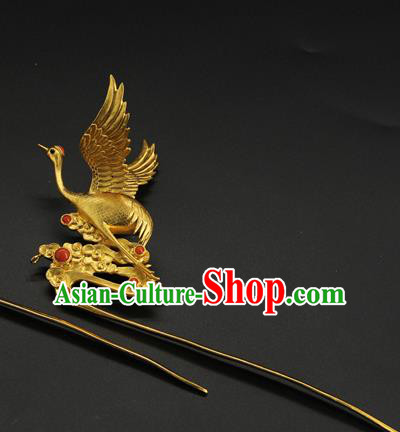 China Traditional Court Queen Golden Crane Hair Stick Ancient Ming Dynasty Hair Accessories Handmade Hairpin