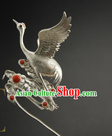 China Ancient Ming Dynasty Hair Accessories Handmade Hairpin Traditional Court Queen Argent Crane Hair Stick