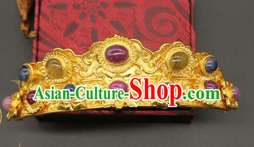 China Ancient Empress Gems Hairpin Traditional Ming Dynasty Palace Hair Accessories Handmade Court Golden Hair Crown