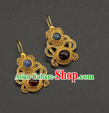 Handmade Chinese Ancient Empress Golden Gourd Ear Jewelry Traditional Ming Dynasty Gems Earrings Accessories