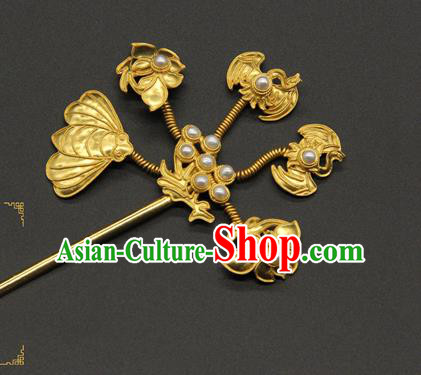 China Ancient Empress Golden Lotus Hairpin Handmade Court Pearls Hair Stick Traditional Qing Dynasty Palace Hair Accessories