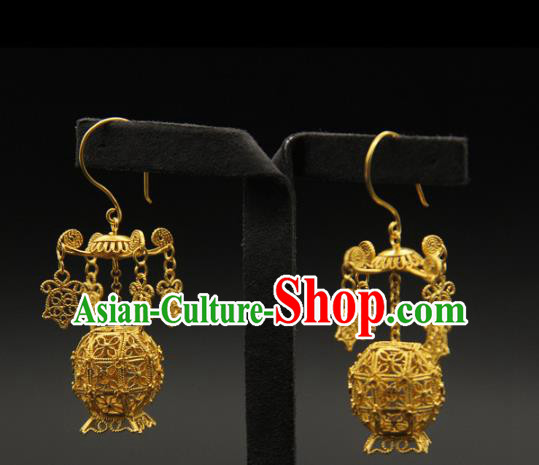 Handmade Chinese Traditional Ming Dynasty Palace Earrings Accessories Ancient Empress Golden Lantern Ear Jewelry