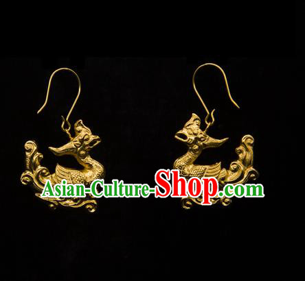 Handmade Chinese Ancient Empress Golden Phoenix Ear Jewelry Traditional Song Dynasty Palace Earrings Accessories