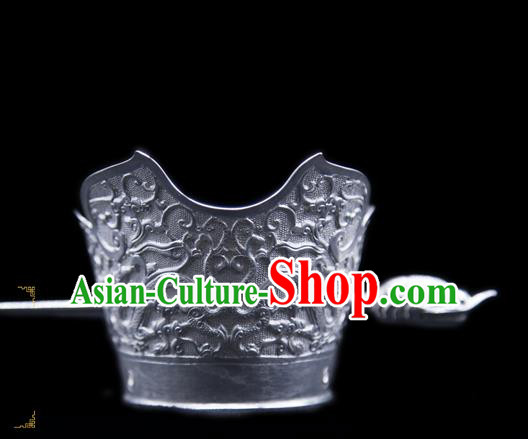 China Ancient King Argent Hairdo Crown and Hairpin Handmade Han Dynasty Prince Hair Accessories