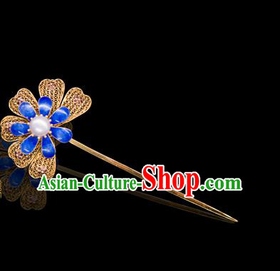 China Traditional Ming Dynasty Palace Hair Accessories Handmade Court Blueing Hair Stick Ancient Empress Pearl Hairpin