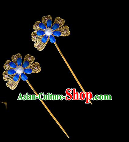 China Traditional Ming Dynasty Palace Hair Accessories Handmade Court Blueing Hair Stick Ancient Empress Pearl Hairpin