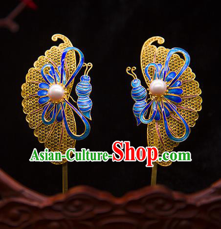 China Handmade Court Pearl Hair Stick Ancient Empress Enamel Hairpin Traditional Qing Dynasty Palace Hair Accessories