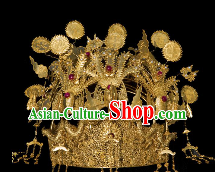 China Handmade Court Phoenix Coronet Traditional Qing Dynasty Palace Hair Accessories Ancient Empress Wedding Golden Hair Crown