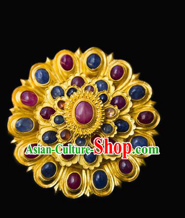 China Handmade Court Golden Hairpin Traditional Ming Dynasty Palace Hair Accessories Ancient Empress Gems Hair Crown