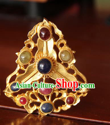 China Ancient Empress Gems Hair Crown Handmade Court Golden Hairpin Traditional Ming Dynasty Palace Hair Accessories